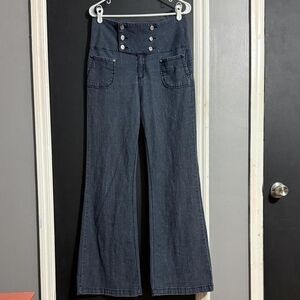 Younique Dark Blue High-Waist Wide-Leg Jeans with Button Yoke